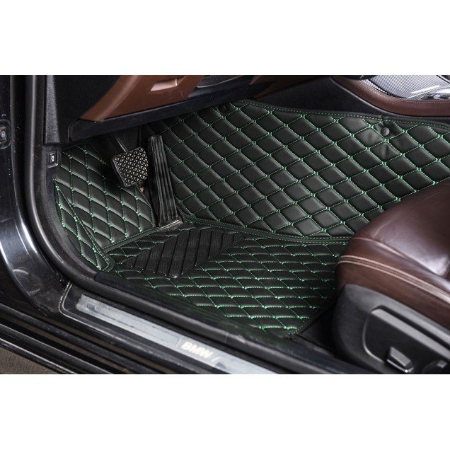 Discount Black and Green Stitching Luxury Leather Diamond Car Floor Mats Discount Black and Green Stitching Luxury Leather Diamond Car Floor Mats