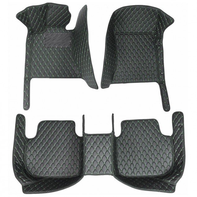 Discount Black and Green Stitching Luxury Leather Diamond Car Floor Mats Discount Black and Green Stitching Luxury Leather Diamond Car Floor Mats