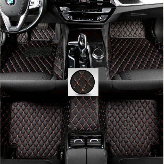 Discount Black and Orange Stitching Luxury Leather Diamond Car Floor Mats Discount Black and Orange Stitching Luxury Leather Diamond Car Floor Mats