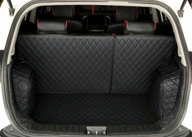 Discount Black and Blue Stitching Full Cover Luxury Leather Diamond Trunk Car Floor Mats