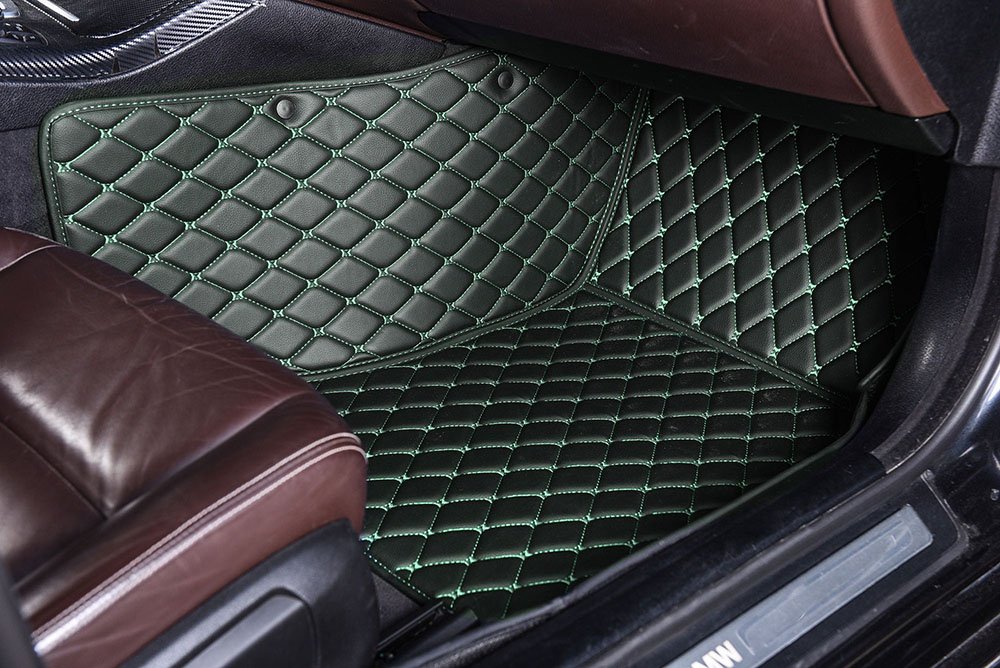 Discount Black and Green Stitching Luxury Leather Diamonds Car Floor Mats